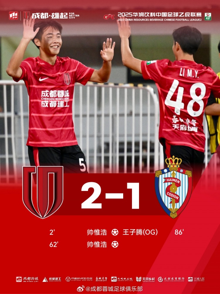 中乙联赛第24轮 成都蓉城B队2-1海门珂缔缘